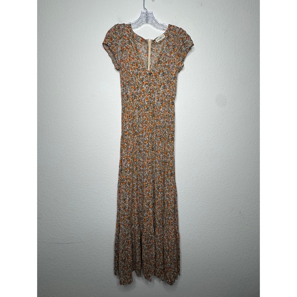 Natural Life Orange Floral Maxi Dress XS Boho Tiered Rayon Short Sleeve V-Neck